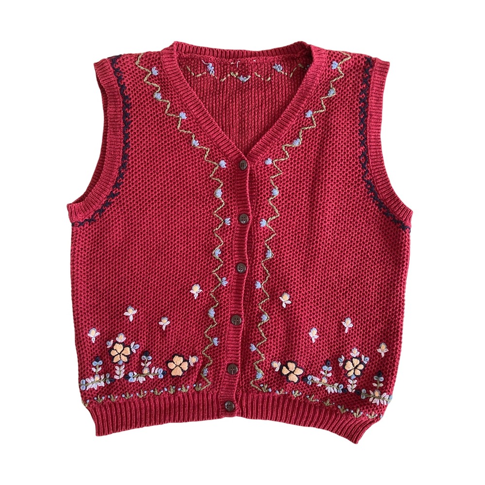 Vintage Style Red Floral Embroidered Knit Cardigan Vest Sleeveless V-Neck Medium
